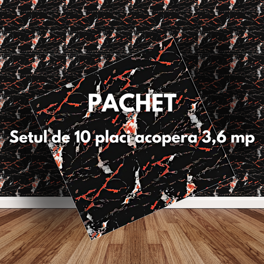 Placa de tapet SDEPOT®, grosime 2mm, dimensiuni 60x60cm, imitatie de marmura, negru cu model rosu