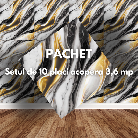 Placa de tapet SDEPOT®, grosime 2mm, dimensiuni 60x60cm, imitatie de marmura, alb cu model negru si auriu
