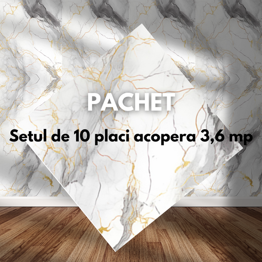 Placa de tapet SDEPOT®, grosime 2mm, dimensiuni 60x60cm, imitatie marmura, alb cu model auriu