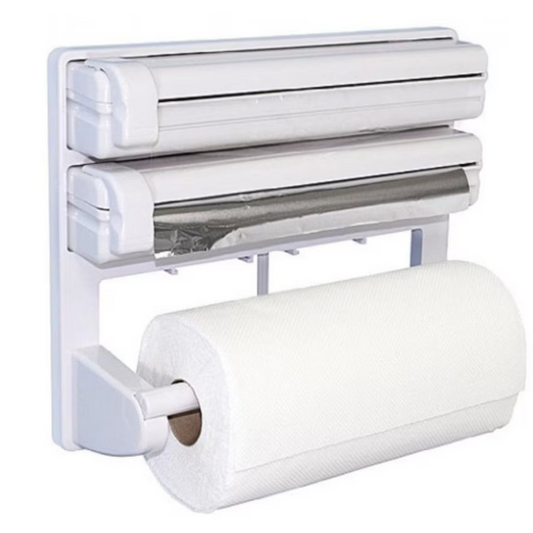 Triplu dispenser bucatarie: rola hartie prosop, folie aluminiu si folie alimentara