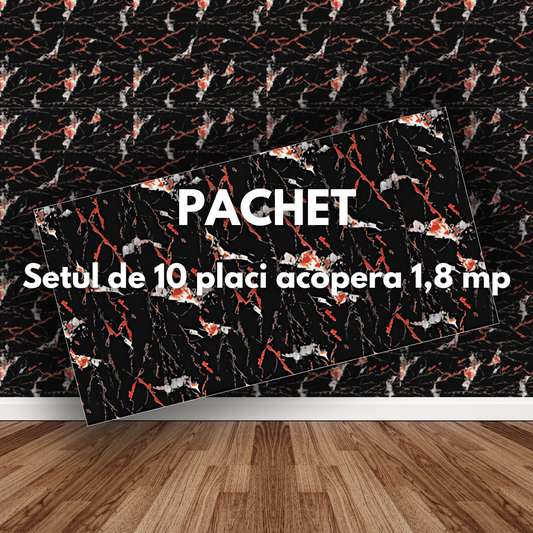 Placa de tapet SDEPOT®, grosime 2mm, dimensiuni 30x60cm, imitatie de marmura, negru cu model rosu