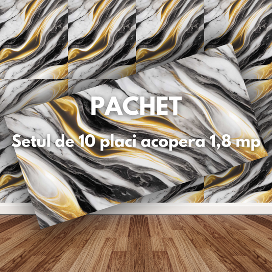 Placa de tapet SDEPOT®, grosime 2mm, dimensiuni 30x60cm, imitatie de marmura, alb cu model negru si auriu