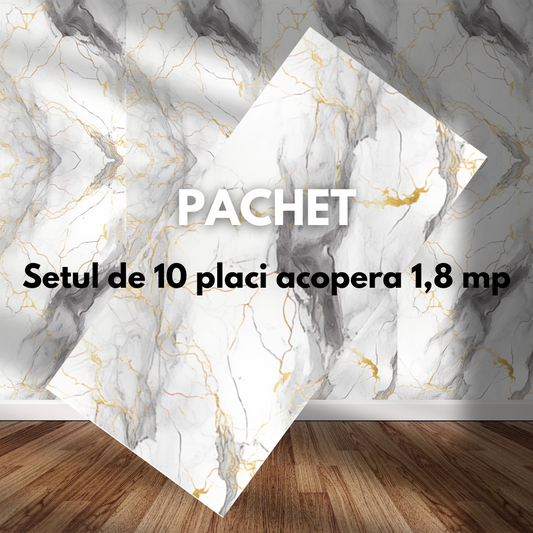 Placa de tapet SDEPOT®, grosime 2mm, dimensiuni 30x60cm, imitatie marmura, alb cu model auriu antic