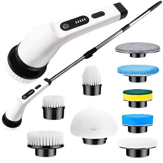 Perie electrica rotativa SDEPOT® pentru curatarea eficienta a suprafetelor, cu maner extensibil, multifunctionala fara fir, cu 9 capete detasabile, alb