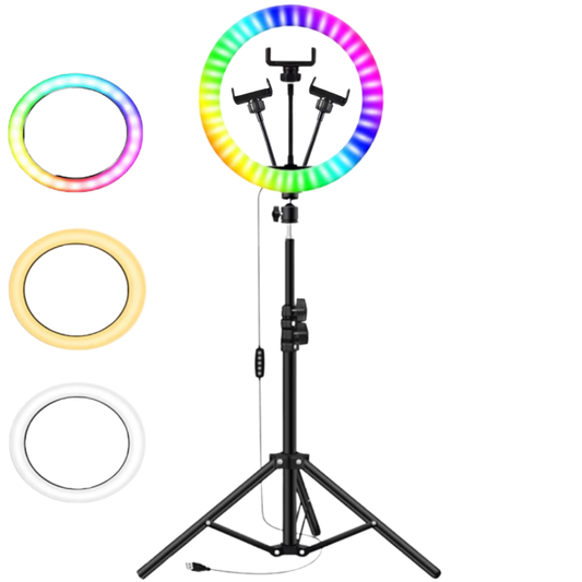 Lampa circulara SDEPOT®, lumina RGB, diametru 35 cm/14 inch LED, 3 moduri de lumina, 10 trepte reglaj, suport pentru telefon, trepied, negru