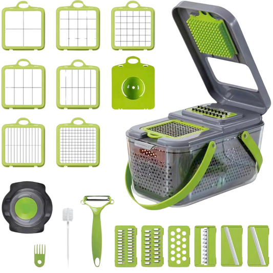 Razatoare multifunctionala SDEPOT®, cu 22 de piese, pentru fructe si legume, cu lame din otel inoxidabil, verde
