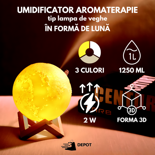 Umidificator aromaterapie, tip lampa de veghe 3D, SDEPOT®, in forma de luna 15 cm, suport inclus, alb cald, rece si neutru