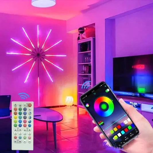 Instalatie LED Smart, Model Artificii, RGB, Muzica, 2m, telecomanda si control din smartphone, multicolor