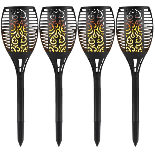 Set doua lampi solare de exterior SDEPOT®, design tip torta decorativa, cu efect de flacara, senzor de lumina, rezistente la apa, negru