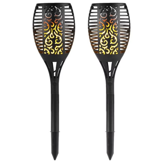 Set doua lampi solare de exterior SDEPOT®, design tip torta decorativa, cu efect de flacara, senzor de lumina, rezistente la apa, negru